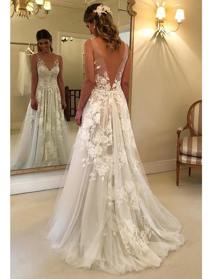 Beach Boho Wedding Dresses Court Train A-Line Sleeveless V Neck Lace With Appliques