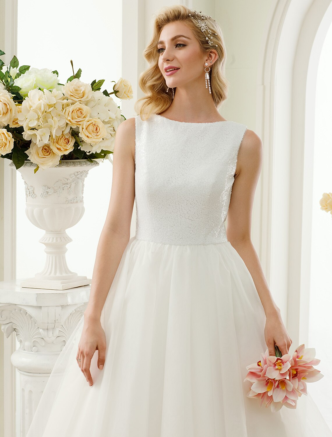 Little White Dresses Wedding Dresses Length A-Line Regular Straps Neck Tulle With Lace Sequin