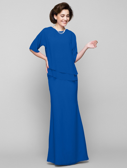 Mother of the Bride Dress Elegant Scoop Neck Floor Length Chiffon Half Sleeve with Pleats