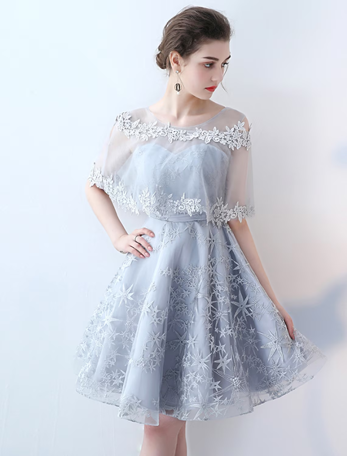 A-Line Elegant Party Wear Cocktail Party Dress Jewel Neck Half Sleeve Short Mini Tulle with Lace Insert Pattern Print