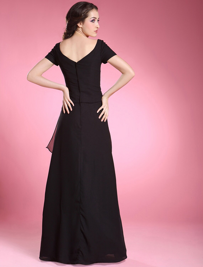 A-Line Dress Formal Evening Floor Length Short Sleeve V Neck Chiffon with Beading Ruffles