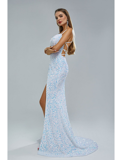 Evening Gown Elegant Dress Party Wear Train Sleeveless Strap Lace Crisscross Back with Sequin Slit