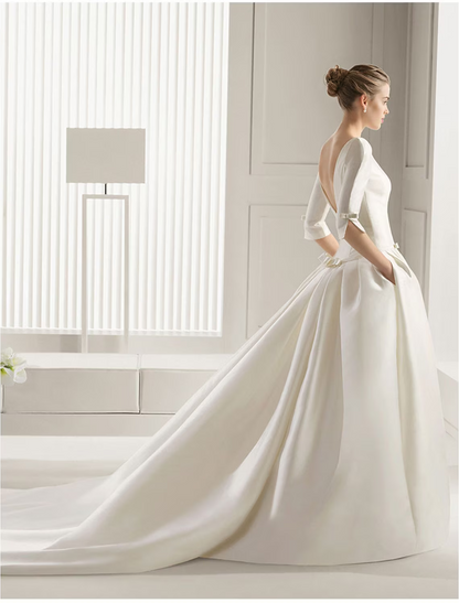 Engagement Formal Wedding Dresses Court Train A-Line Half Sleeve Neck Satin With Bow(s) Pleats