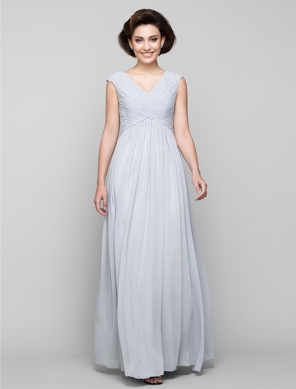 A-Line Mother of the Bride Dress Elegant V Neck Floor Length Chiffon Sleeveless with Cross Beading