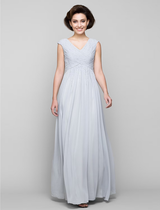 A-Line Mother of the Bride Dress Elegant V Neck Floor Length Chiffon Sleeveless with Cross Beading