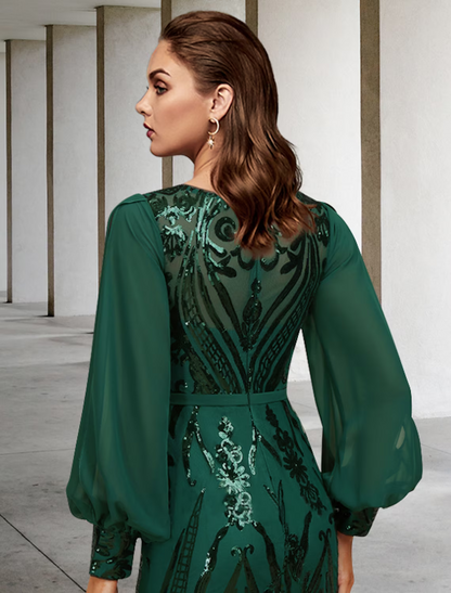 Mother of the Bride Dress Wedding Guest Elegant Chiffon Sequined Long Sleeve with Sequin Appliques