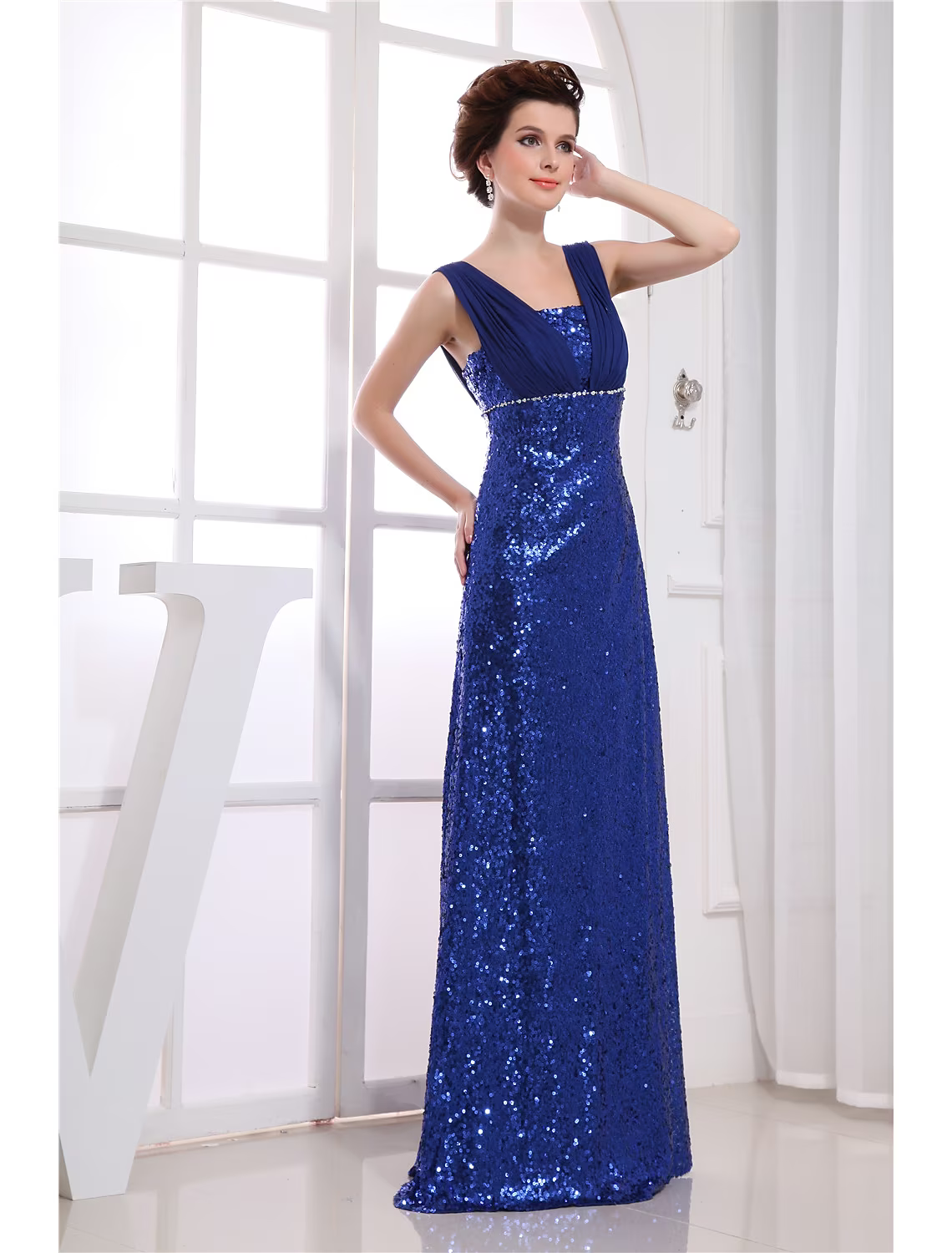 Sparkle Wedding Guest Engagement Formal Evening Dress V Neck Sleeveless Floor Length Chiffon with Beading