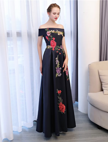 A-Line Floral Dress Wedding Guest Floor Length Sleeveless Off Shoulder Satin with Embroidery Appliques