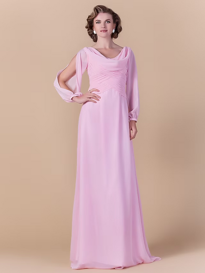 Mother of the Bride Dress Vintage Inspired Cowl Neck Floor Length Chiffon Long Sleeve with Criss Cross Ruched