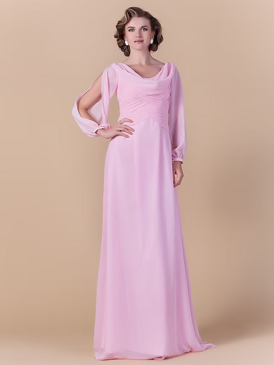 Mother of the Bride Dress Vintage Inspired Cowl Neck Floor Length Chiffon Long Sleeve with Criss Cross Ruched