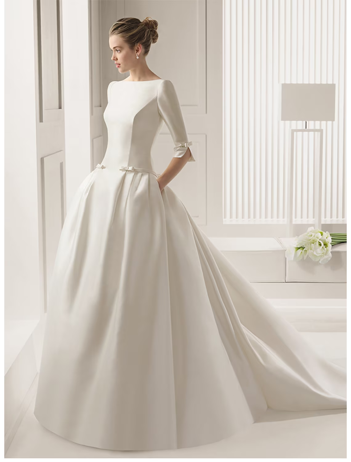 Engagement Formal Wedding Dresses Court Train A-Line Half Sleeve Neck Satin With Bow(s) Pleats