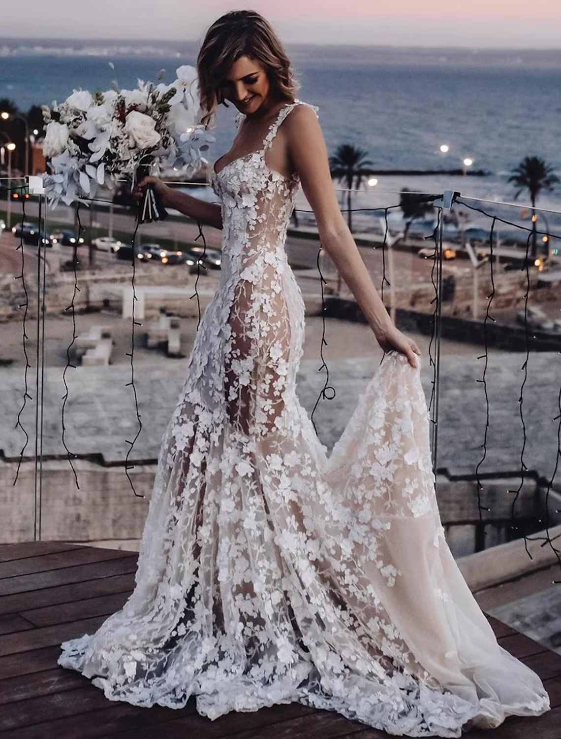 Beach Sexy Boho Wedding Dresses Court Train Sleeveless V Neck Lace With Appliques