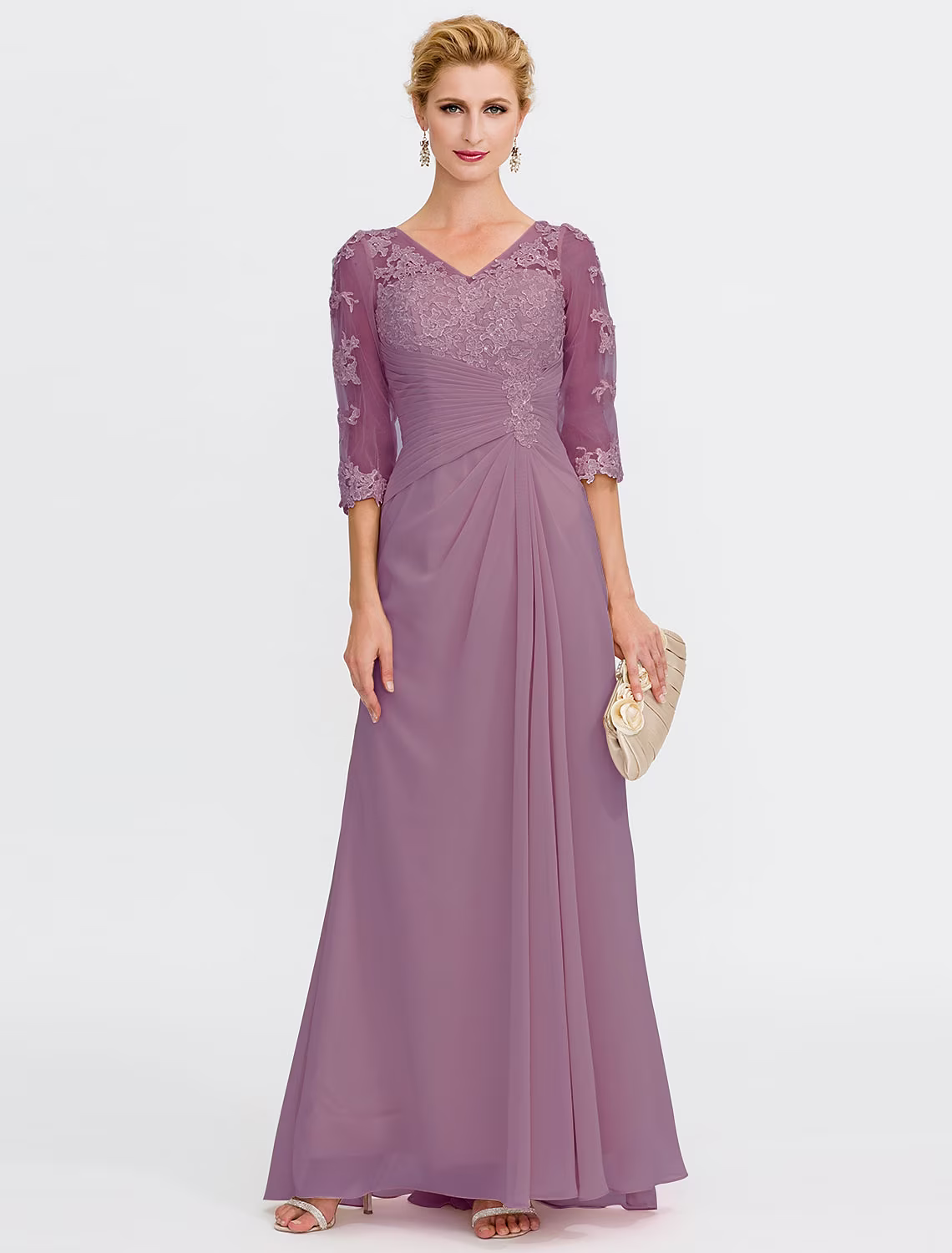 A-Line Mother of the Bride Dress Plus Size Elegant Through V Neck Floor Length Chiffon Half Sleeve with Appliques Side Draping