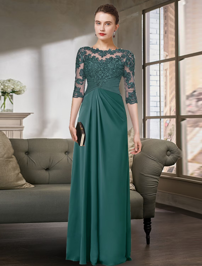 Mother of the Bride Dress Simple Elegant Floor Length Chiffon Lace Half Sleeve with Pleats