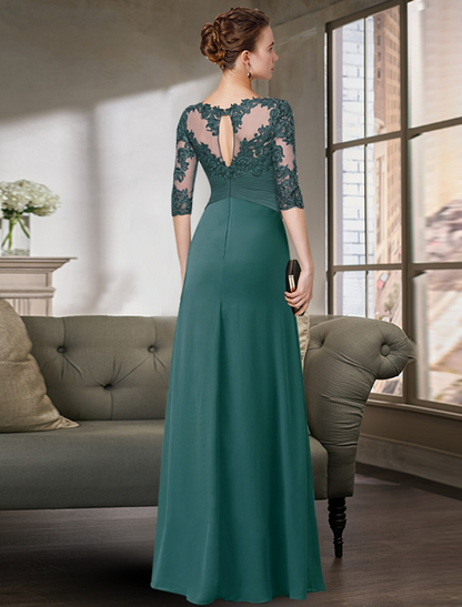 Mother of the Bride Dress Simple Elegant Floor Length Chiffon Lace Half Sleeve with Pleats