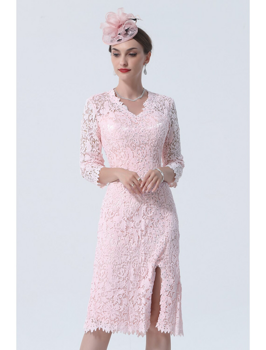 Mother of the Bride Dress Plus Size V Neck Knee Length Lace Sleeve with Lace Split Front