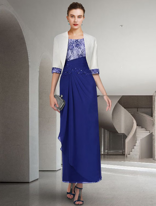 Two Piece Mother of the Bride Dress Church Elegant Ankle Length Chiffon Lace Half Sleeve with Appliques Ruching