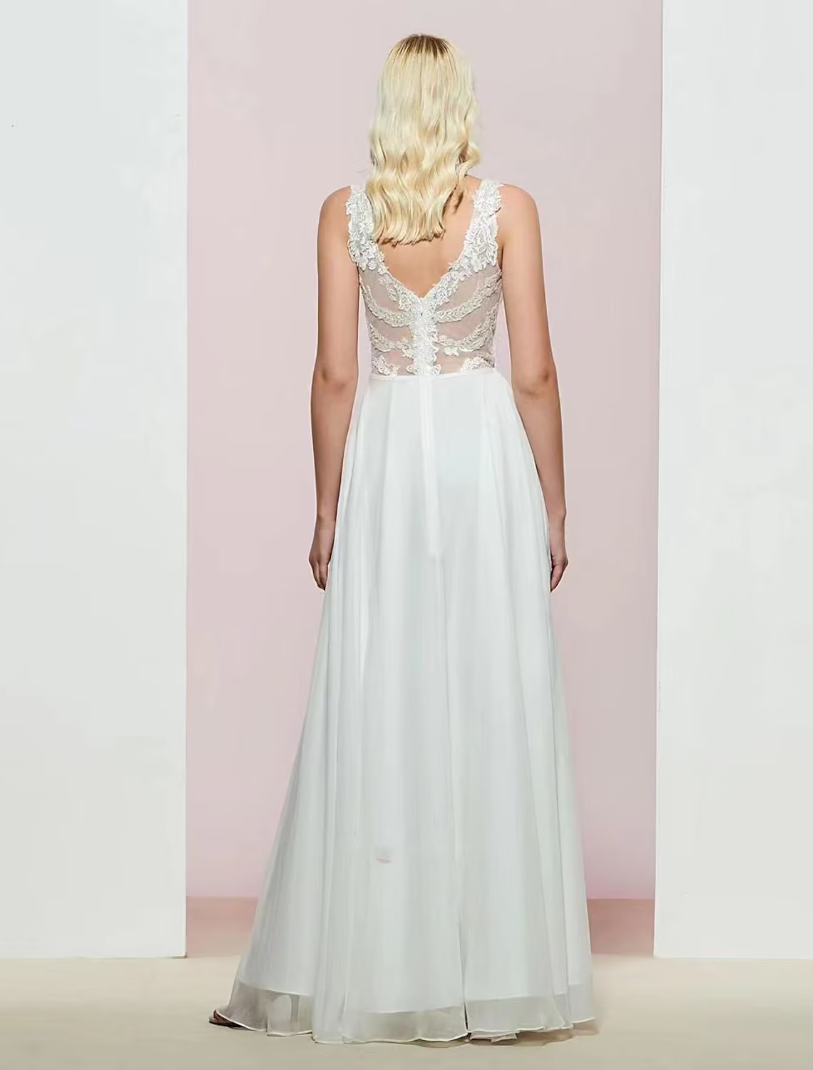 A-Line Evening Gown Open Back Dress Wedding Party Floor Length Sleeveless V Neck Chiffon with Appliques