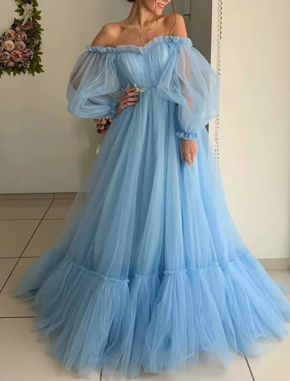 A-Line Elegant Engagement Prom Dress Off Shoulder Long Sleeve Floor Length Tulle Pleats Appliques