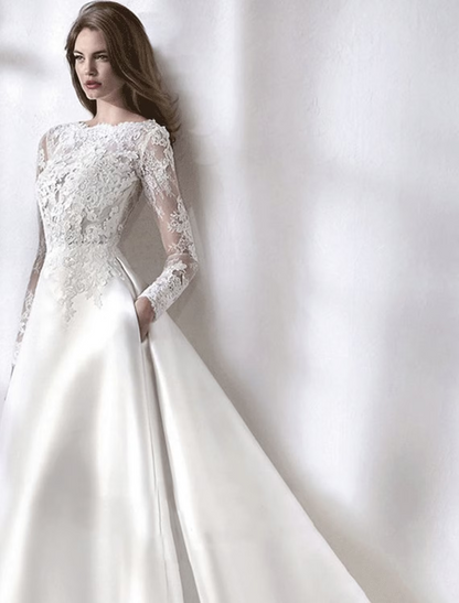 Beach Formal Wedding Dresses Chapel Train A-Line Long Sleeve Jewel Neck Satin With Lace Pleats