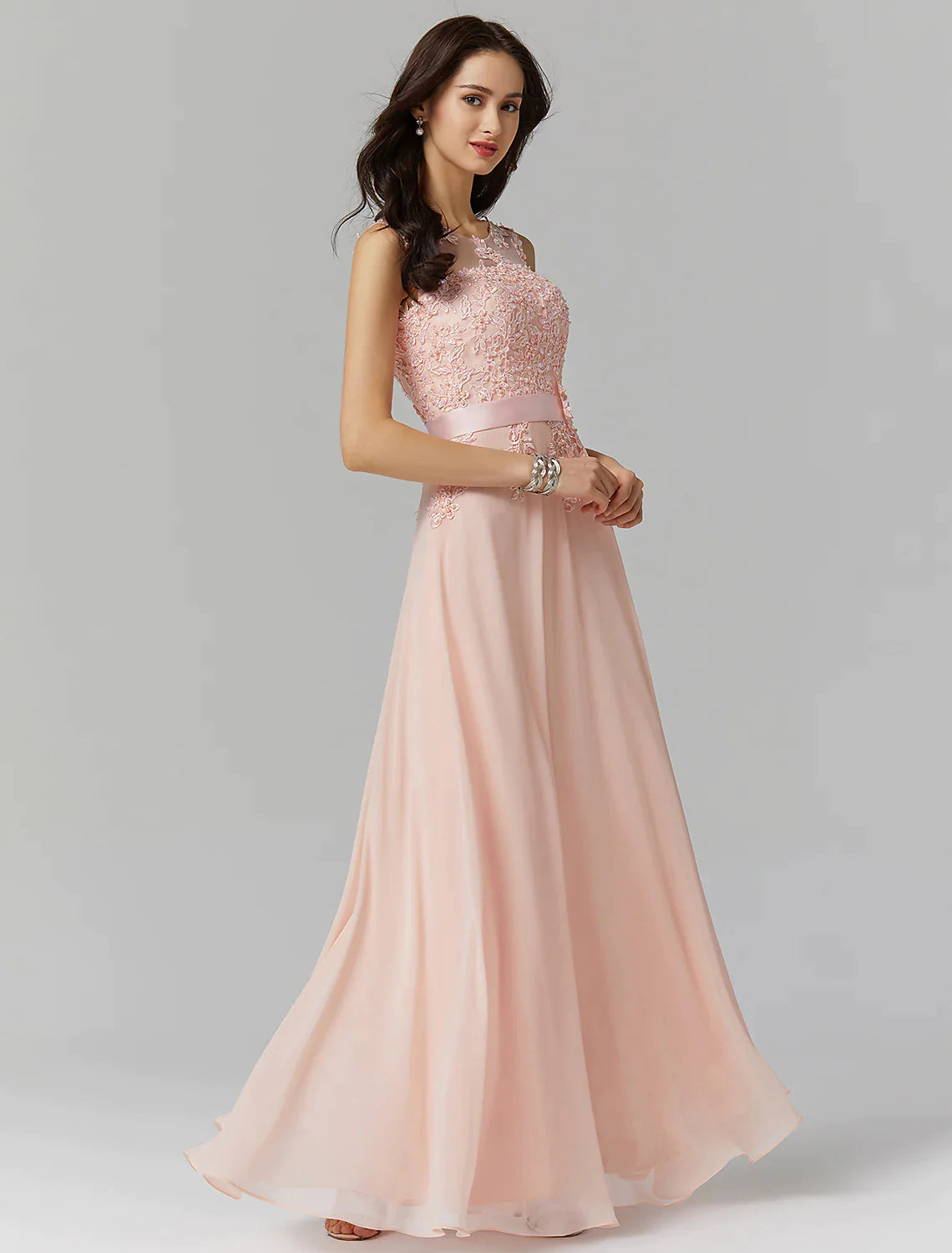 A-Line Evening Gown Wedding Floor Length Sleeveless  Georgette with Appliques