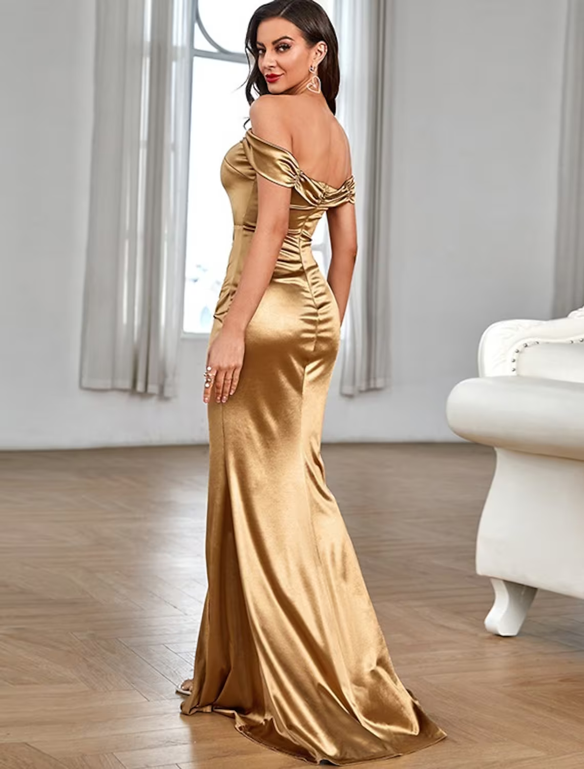 High Split Prom Formal Evening Dress Off Shoulder Sleeveless Floor Length Satin with Ruched Slit