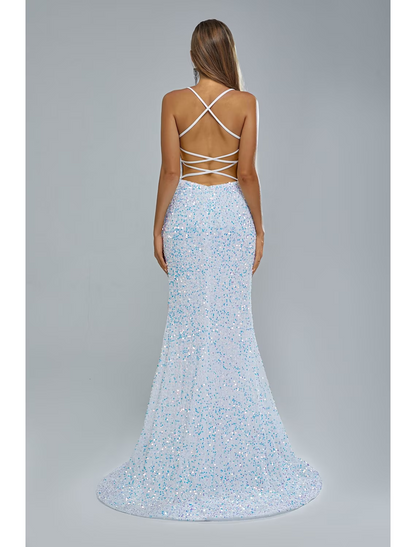 Evening Gown Elegant Dress Party Wear Train Sleeveless Strap Lace Crisscross Back with Sequin Slit