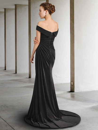 Mother of the Bride Dress Elegant Off Shoulder Velvet Sleeveless with Draping