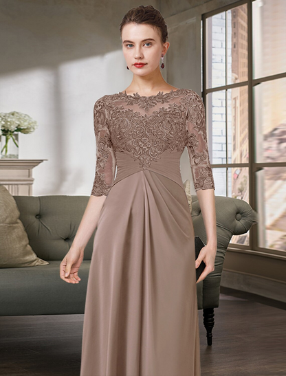 Mother of the Bride Dress Simple Elegant Floor Length Chiffon Lace Half Sleeve with Pleats