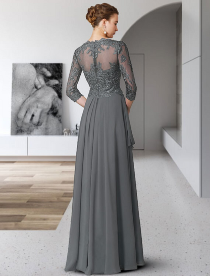 A-Line Mother of the Bride Dress Elegant V Neck Floor Length Chiffon Lace  Sleeve with Pleats Appliques