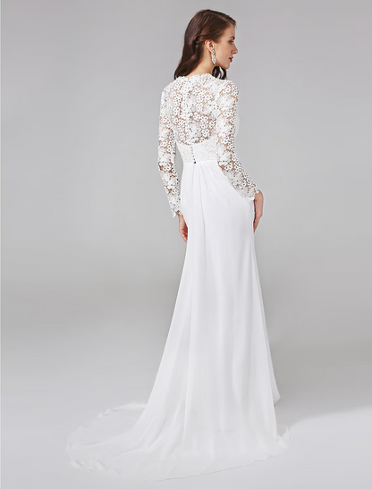 Beach Royal Style Wedding Dresses Long Sleeve V Neck Chiffon With Lace Button