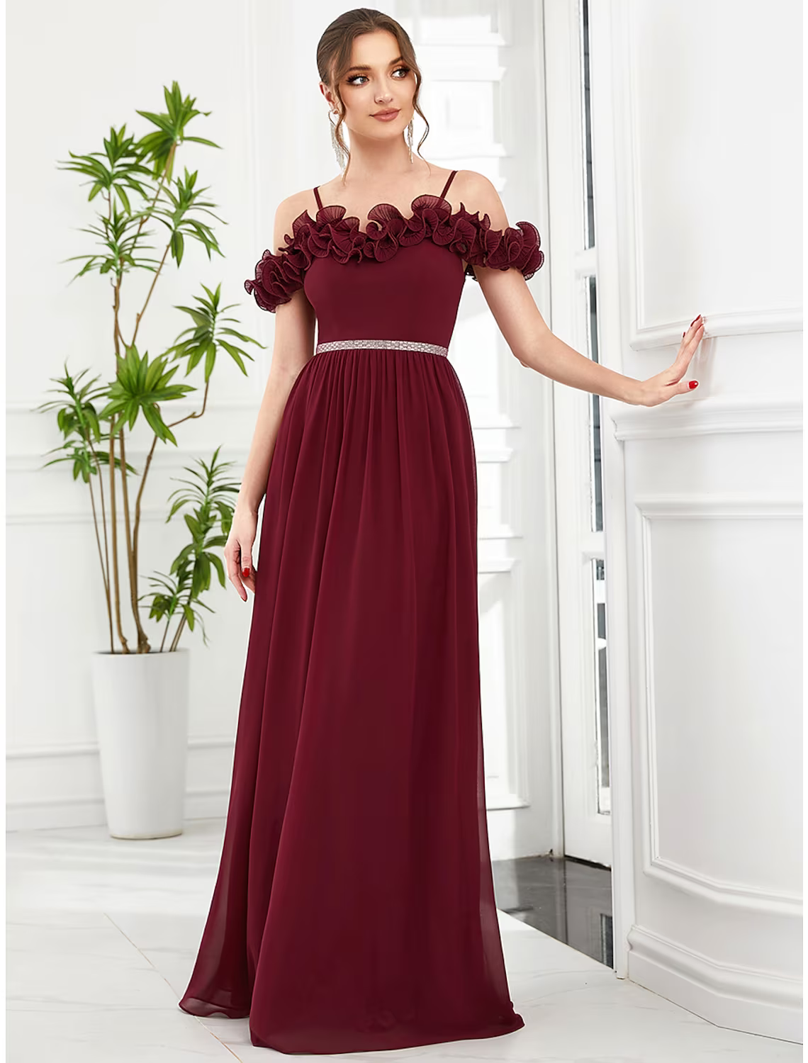 A-Line Prom Dresses Vintage Dress Wedding Guest Floor Length Sleeveless Off Shoulder Chiffon with Flower