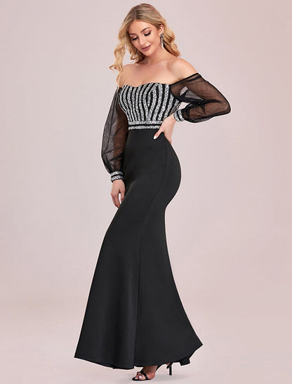 Sexy Formal Evening Dress Off Shoulder Long Sleeve Floor Length with Sequin