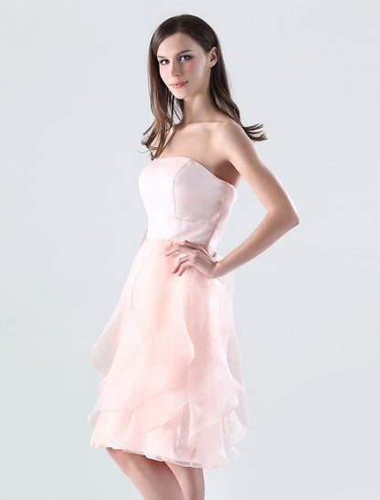 A-Line Bridesmaid Dress Strapless Sleeveless Open Back Knee Length Satin with Ruffles