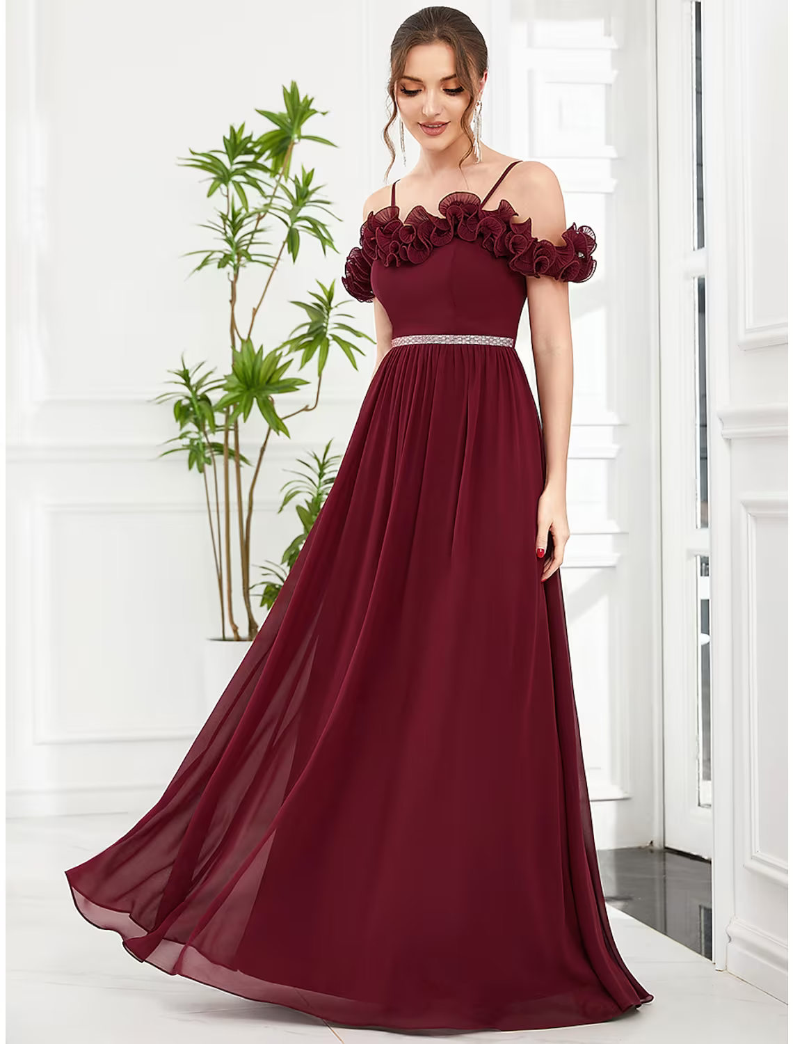 A-Line Prom Dresses Vintage Dress Wedding Guest Floor Length Sleeveless Off Shoulder Chiffon with Flower