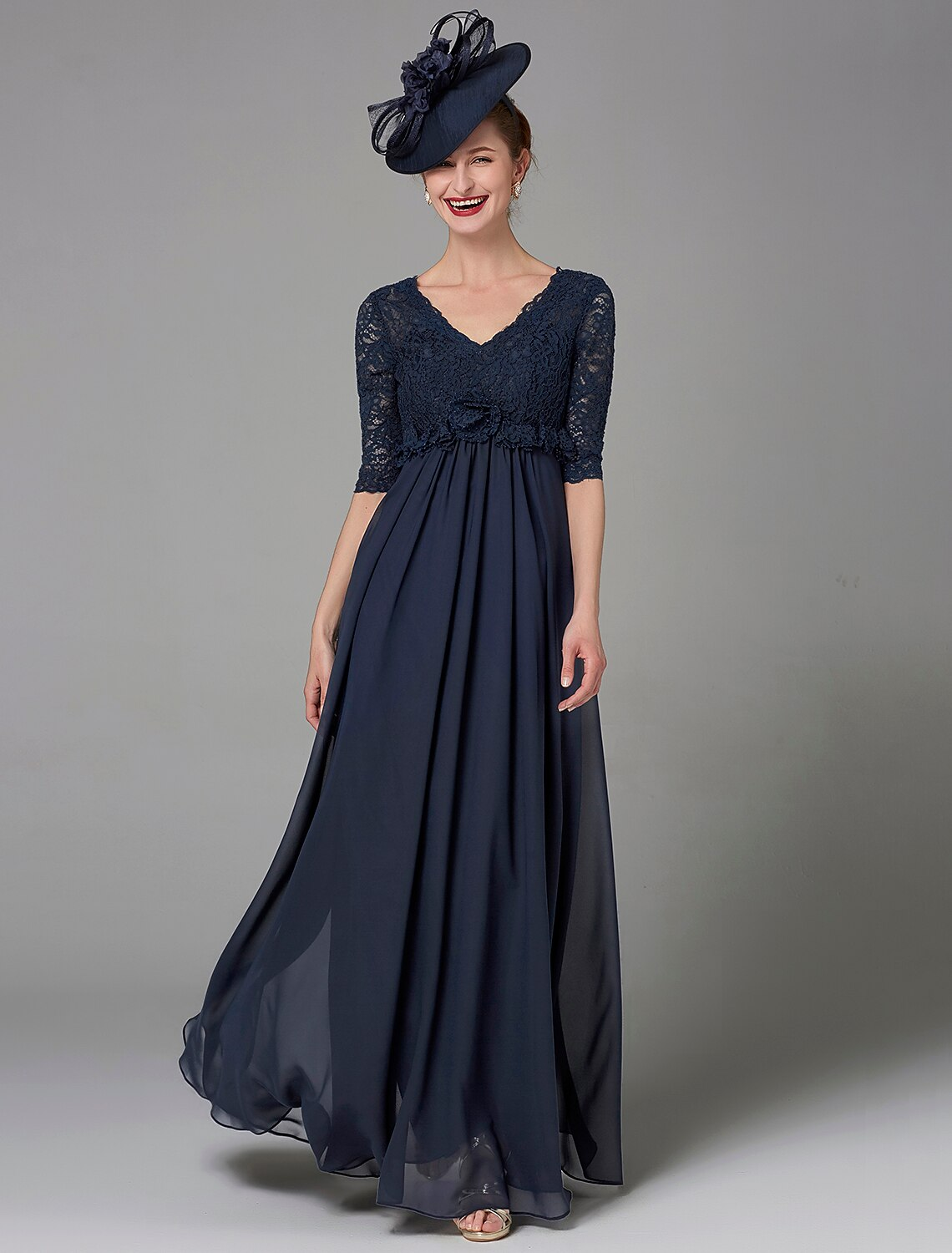 A-Line Mother of the Bride Dress Elegant Luxurious V Neck Floor Length Chiffon Lace Half Sleeve with Lace Bow(s)