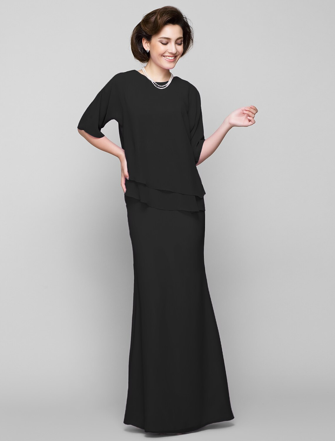 Mother of the Bride Dress Elegant Scoop Neck Floor Length Chiffon Half Sleeve with Pleats