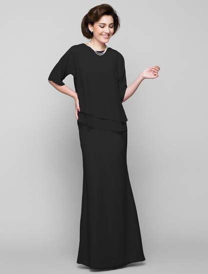 Mother of the Bride Dress Elegant Scoop Neck Floor Length Chiffon Half Sleeve with Pleats