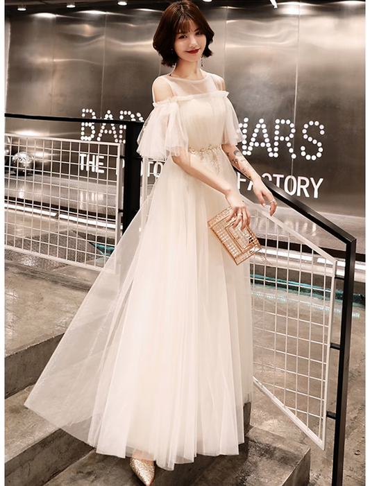 A-Line Prom Dresses Dress Wedding Guest Floor Length Half Sleeve Illusion Neck Satin with Appliques