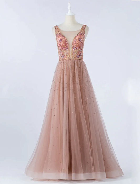 Prom Formal Evening Dress Backless Sleeveless Floor Length Tulle with Crystals Beading