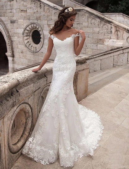 Engagement Open Back Formal Wedding Dresses Short Sleeve Off Shoulder Lace Applique