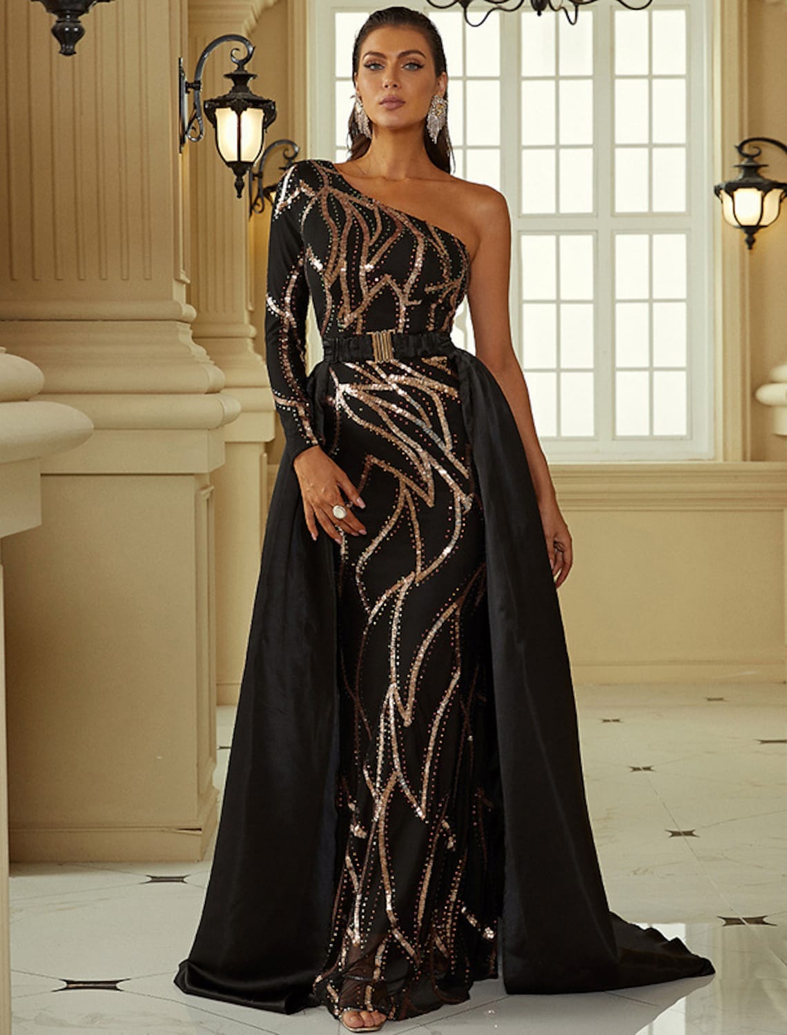 Evening Gown Sexy Dress Formal Long Sleeve One Shoulder with Sequin