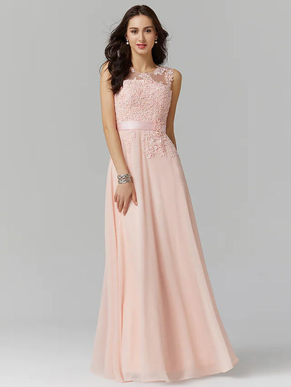 A-Line Evening Gown Wedding Floor Length Sleeveless  Georgette with Appliques