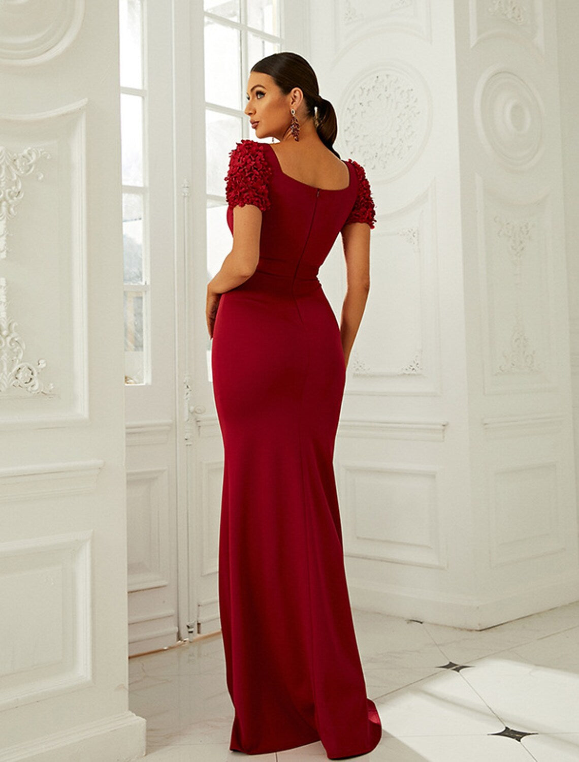 Evening Gown Dress Formal Floor Length Short Sleeve Square Neck Polyester