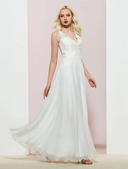 A-Line Evening Gown Open Back Dress Wedding Party Floor Length Sleeveless V Neck Chiffon with Appliques