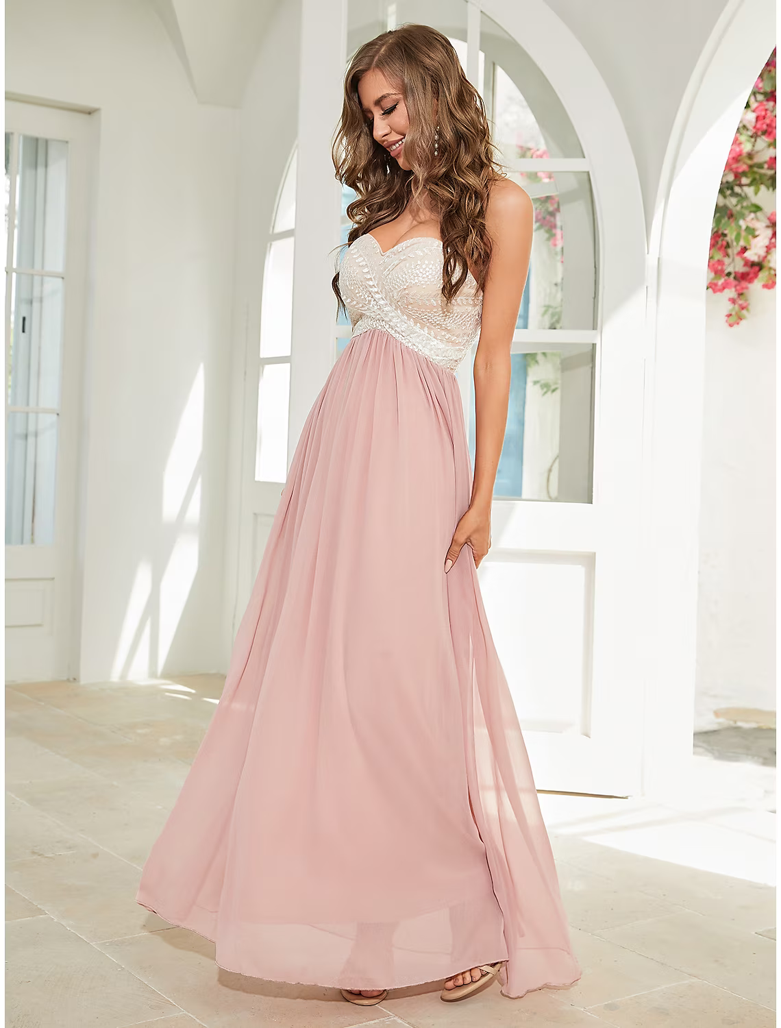 A-Line Wedding Guest Dresses Floral Dress Party Wear Ankle Length Sleeveless Strapless Chiffon Backless with Appliques