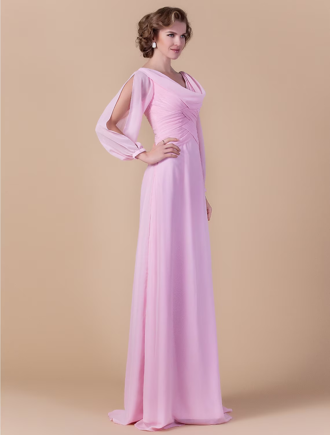 Mother of the Bride Dress Vintage Inspired Cowl Neck Floor Length Chiffon Long Sleeve with Criss Cross Ruched