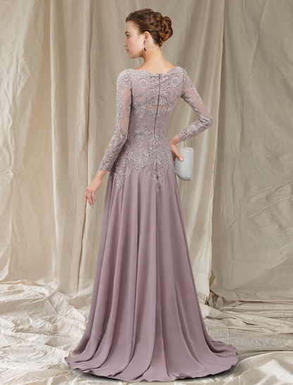 A-Line Mother of the Bride Dress Elegant Chiffon Lace Long Sleeve with Pleats Appliques