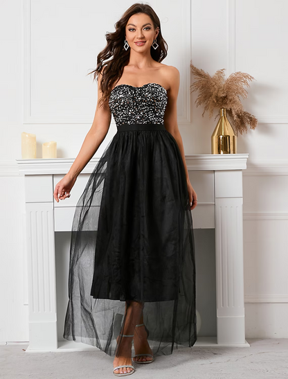 A-Line Party Dresses Sparkle Shine Dress Holiday Floor Length Sleeveless Strapless Sequined with Sequin