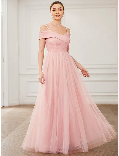 A-Line Prom Dresses Elegant Wedding Guest Floor Length Sleeveless V Neck Tulle with Pleats